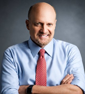 A professional headshot shows a bald man with a goatee, wearing a blue dress shirt and red patterned tie, smiling confidently with his arms crossed against a gray backdrop. The image appears to relate to the post about Jim Cramer's supposed Bitcoin sale due to quantum computing risks, presented in a bullish market context.