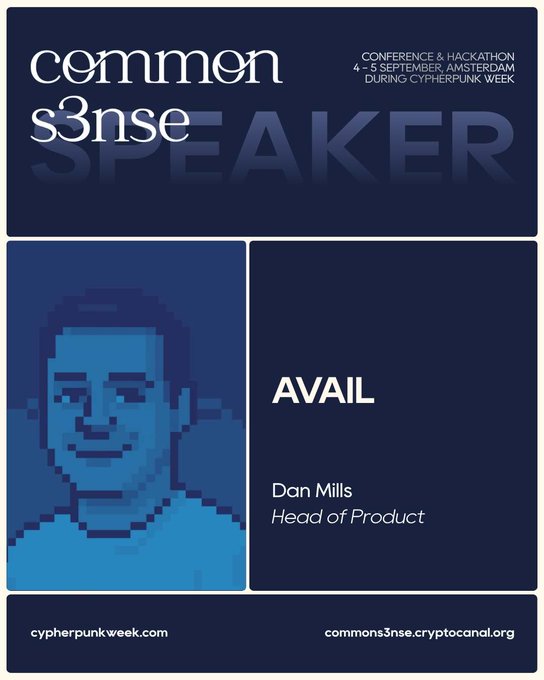 A dark blue conference speaker announcement card for "commons3nse" during Cypherpunk Week (4-5 September, Amsterdam), featuring a pixelated portrait of Dan Mills, Head of Product at AVAIL.