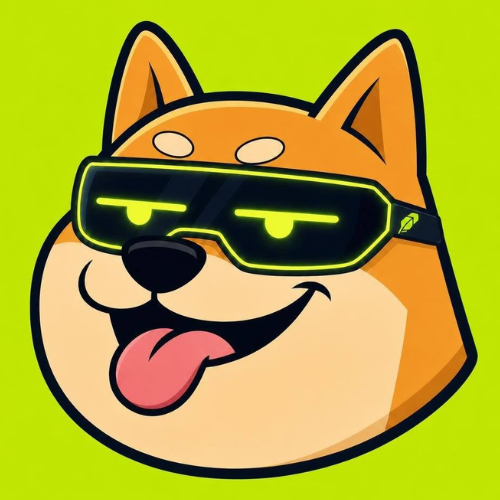 A cartoon illustration of a smiling Shiba Inu dog wearing glowing green neon sunglasses with its tongue sticking out, set against a bright green background.