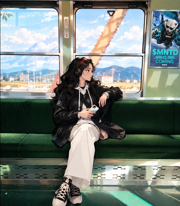 An anime-style illustration of a girl with dark hair and headphones sitting on a green train seat, holding a phone. A poster on the wall reads '$MNTD IS COMING MINT'.