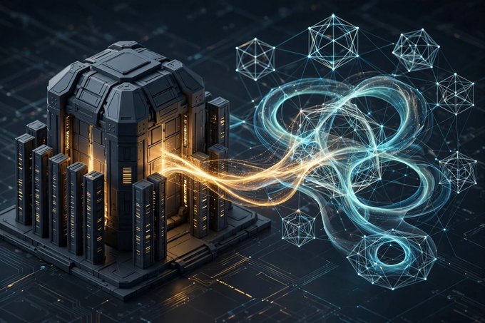 A futuristic 3D render of a dark server facility or data center structure with glowing blue energy streams and geometric network nodes emanating from it, symbolizing advanced technology or AI infrastructure.