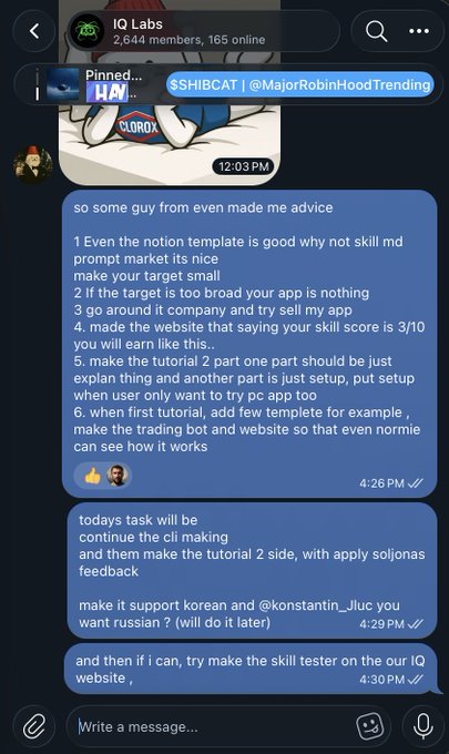 A screenshot of a Telegram chat in the "IQ Labs" group (2,644 members) showing a developer's daily task update at 4:29-4:30 PM, detailing work on continuing CLI development, creating tutorial 2 with soljonas feedback, potentially adding Korean/Russian language support (@konstantin_Jluc), and building a skill tester for the IQ website.