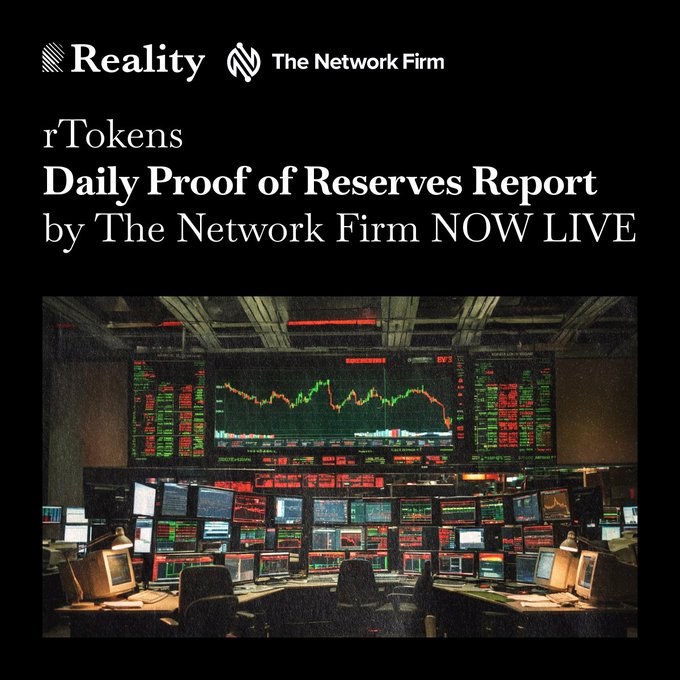 The image announces "rTokens Daily Proof of Reserves Report by The Network Firm NOW LIVE," featuring logos for Realty and The Network Firm above a photo of a trading floor with multiple monitors displaying stock charts and market data. The image visually supports the post's message by showcasing a professional trading environment, reinforcing the theme of financial transparency through third-party attestations for tokenized stocks.
