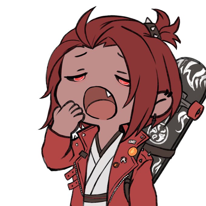 A cartoon-style character with red hair tied back, wearing a red jacket and carrying a large scroll/weapon on their back, yawning with a tired expression.