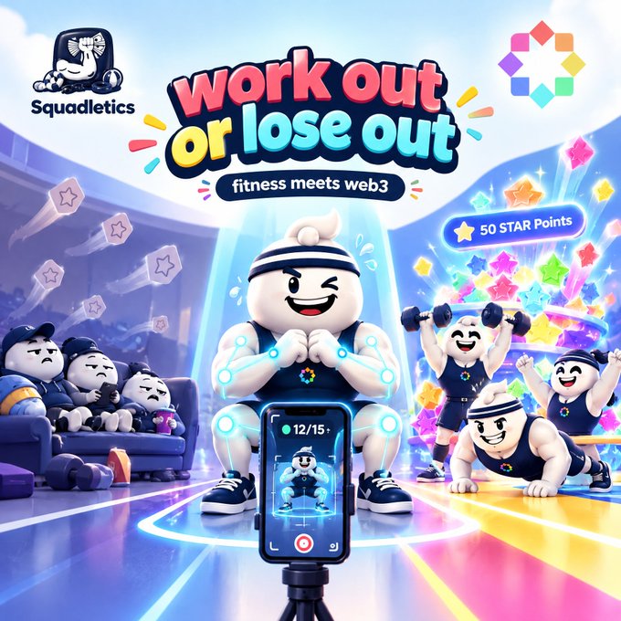 A colorful promotional graphic for 'Squadletics' featuring the tagline 'Work Out or lose out' and 'fitness meets web3', alongside cartoon mascots exercising and a smartphone displaying '12/15'.