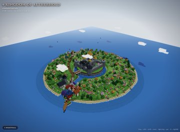 This image showcases the Kingdom of Arctroroid, a Minecraft server title screen featuring an island with a central structure surrounded by ocean and scattered icebergs. The post references running the GLM 4.6 Flash AI model locally on hardware to generate this Minecraft world while the user slept.