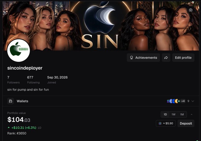 A social media profile page for 'sincoindeployer' with a banner containing the text 'SIN', showing 7 followers, 677 following, a joined date of Sep 30, 2026, and a portfolio value of $104.03.