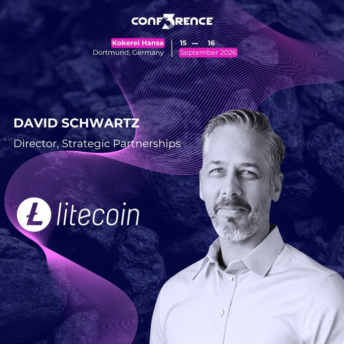 Promotional graphic for Conference3 featuring David Schwartz, Director of Strategic Partnerships at Litecoin, for an event in Kokerei Hansa, Dortmund, Germany on 15-16 September 2026.