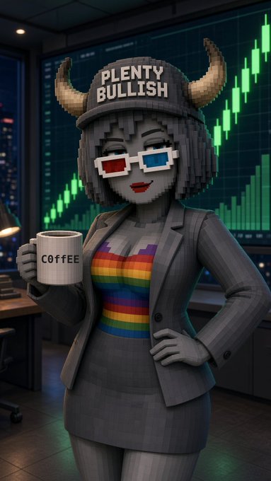 3D voxel-style render of a character wearing a "PLENTY BULLISH" horned helmet, 3D glasses, and a rainbow-striped shirt under a gray suit, holding a "COFFEE" mug in front of a green stock chart.