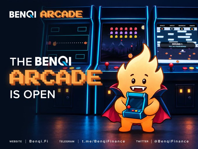 A colorful “BENQI ARCADE” poster reads “THE BENQI ARCADE IS OPEN” and lists “WEBSITE | Benqi.Fi,” “TELEGRAM | t.me/BenqiFinance,” and “TWITTER | @BenqiFinance.”