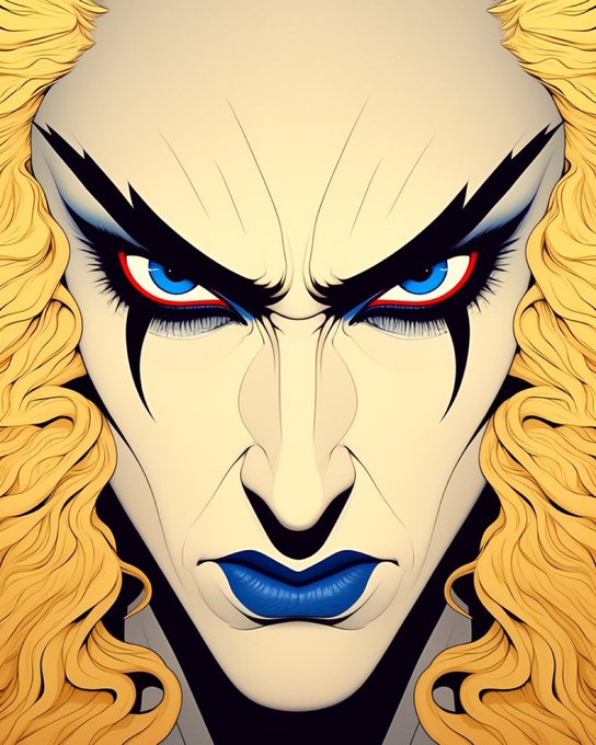 A stylized close-up illustration of a dramatic face with wild blonde hair, intense blue eyes, black spiked makeup extending from the eyes, and metallic blue lips against a yellow background.