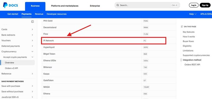The image shows a screenshot of PayPal's developer documentation page for "Supported cryptocurrencies," with a red arrow and box highlighting "Pi Network" (ticker: PI) among the listed tokens. The caption supports the accompanying post's claim that PayPal has officially added Pi Network to its crypto integration documentation, signaling a potential upcoming listing.