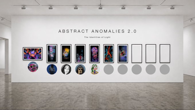 A digital rendering of an art gallery titled 'ABSTRACT ANOMALIES 2.0: The Identities of Light' displaying framed digital artworks and circular portraits on a white wall.