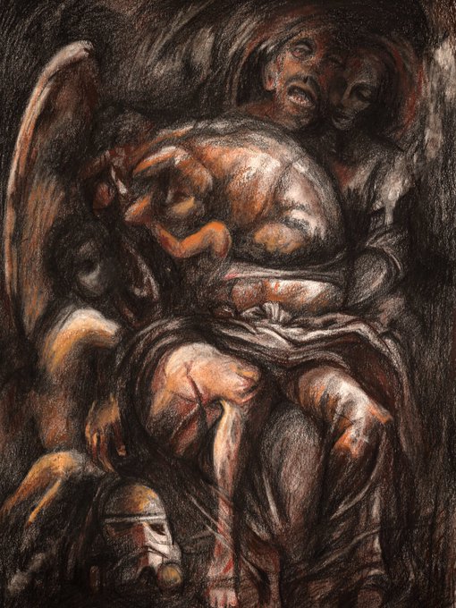 A dark, expressionist charcoal or pastel drawing depicting a somber scene with figures, featuring a central figure holding a child or bundle, with a distressed face visible at the top and another figure wearing a gas mask at the bottom.