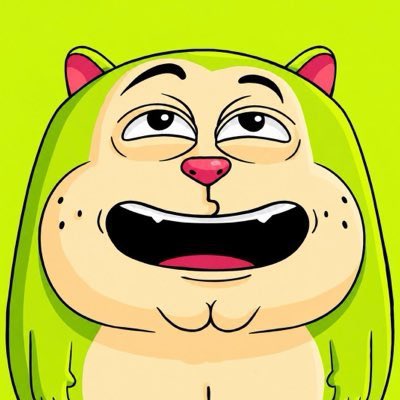 Cartoon illustration of a green hooded character with cat-like ears, half-closed eyes, a pink nose, and an open-mouthed expression showing teeth, set against a bright green background.