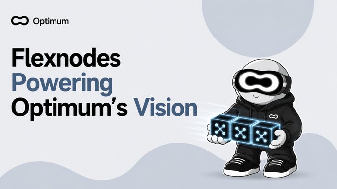 A promotional banner reads "Flexnodes Powering Optimum's Vision" alongside an astronaut mascot holding three glowing cubes with X symbols.
