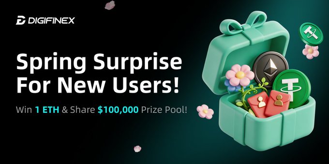 A DigiFinex promotional banner advertising a 'Spring Surprise For New Users!' campaign, offering a chance to win 1 ETH and share a $100,000 prize pool.