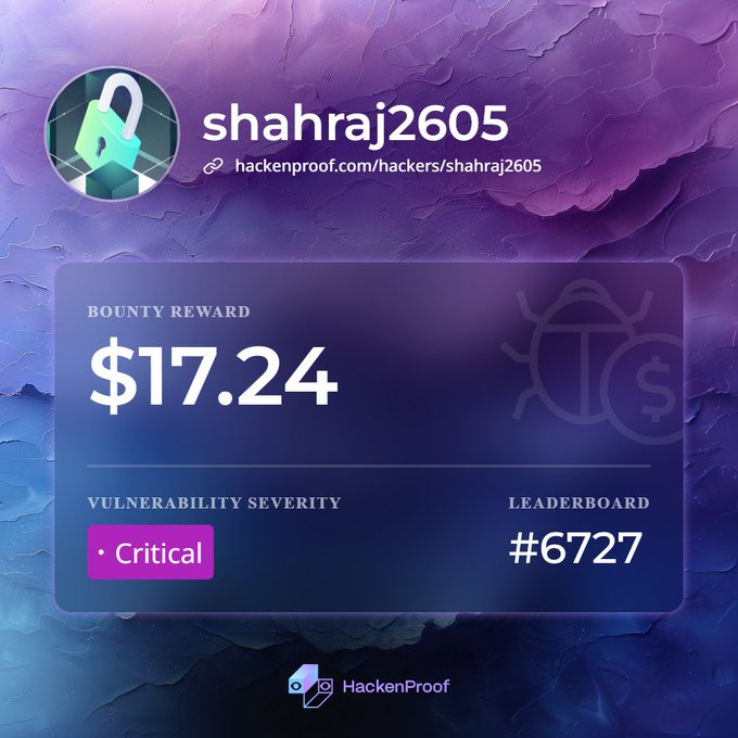 A HackenProof profile card for user 'shahraj2605' displaying a bounty reward of $17.24, critical vulnerability severity, and a leaderboard rank of #6727.