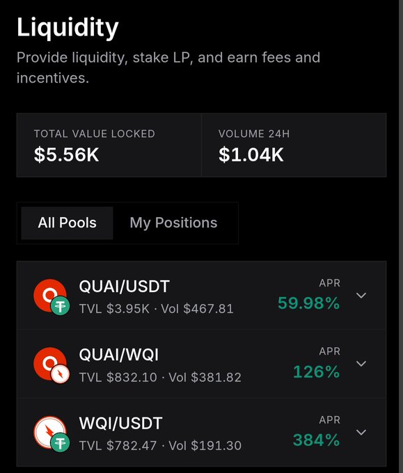 A dark-themed DeFi liquidity dashboard showing Total Value Locked of $5.56K and 24h Volume of $1.04K, with three pools listed: QUAI/USDT (59.98% APR), QUAI/WQI (126% APR), and WQI/USDT (384% APR).