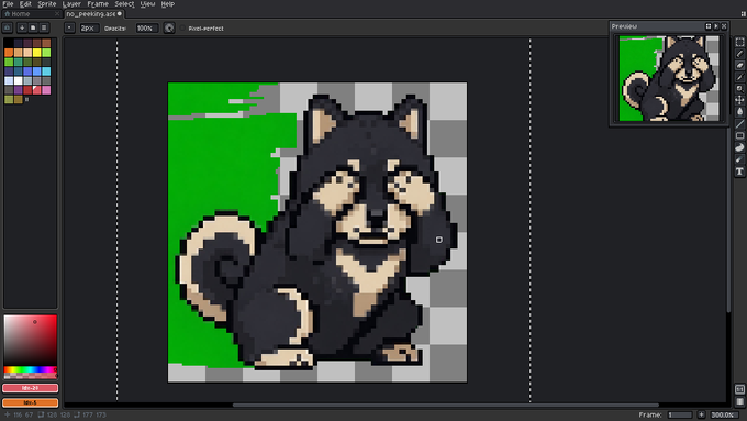 A pixel art editor interface shows a pixelated black and tan Shiba Inu dog sprite being created on a green and gray checkered background.
