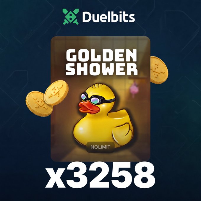 The image is a promotional graphic from Duelbits showcasing the "Golden Shower" slot game by Nolimit, featuring a rubber duck wearing sunglasses surrounded by gold coins, with "x3258" displayed prominently below—highlighting the massive multiplier win that turned a $1.20 bet into $3,909.75 for user DaveGG.