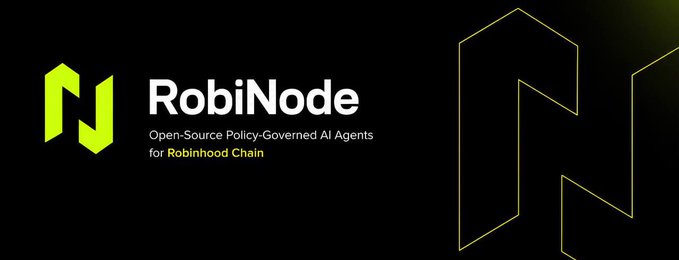 The image is a promotional banner for RobiNode, featuring a black background with a neon green "N" logo on the left and a larger outlined "N" design on the right, accompanied by the text "RobiNode - Open-Source Policy-Governed AI Agents for Robinhood Chain." This visually aligns with the post's description of RobiNode as a low-cap, recently launched project with strong branding tied to the $RNODE ticker, highlighting its AI-driven, policy-governed framework for the Robinhood Chain.