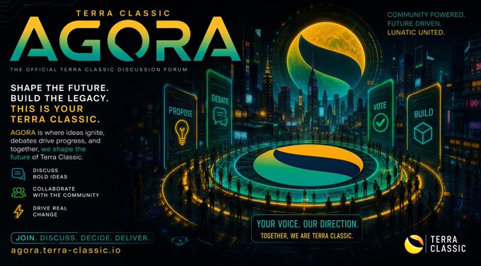 Promotional banner for Terra Classic's official discussion forum 'AGORA' with the tagline 'SHAPE THE FUTURE. BUILD THE LEGACY. THIS IS YOUR TERRA CLASSIC.' and the URL agora.terra-classic.io.