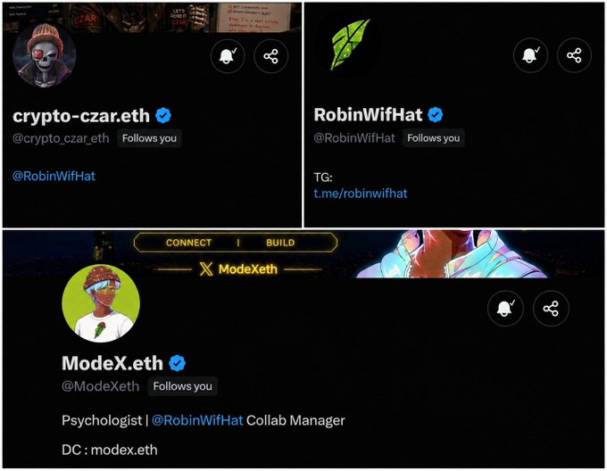 Three Twitter/X profile cards showing crypto-related accounts: crypto-czar.eth (@crypto_czar_eth) mentioning @RobinWifHat, RobinWifHat (@RobinWifHat) with TG link t.me/robinwifhat, and ModeX.eth (@ModeXeth), labeled as Psychologist and Collab Manager.