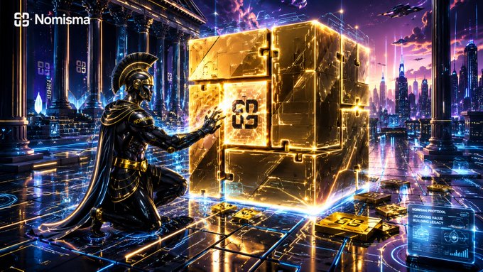 The image features a man kneeling down next to a golden cube, with the word "Nomisma" written above him. The cube has a square base and a triangular top, giving it an intriguing appearance. The background of the image depicts a cityscape at night, with buildings illuminated by neon lights. There are also some texts in the image that read: "@NomismaNetwork is building the tech layer for AI and DeFi." and "@useTria is making crypto feel less complicated and more practical for everyday users.", which seem to be related to the golden cube or its context within the cityscape.
