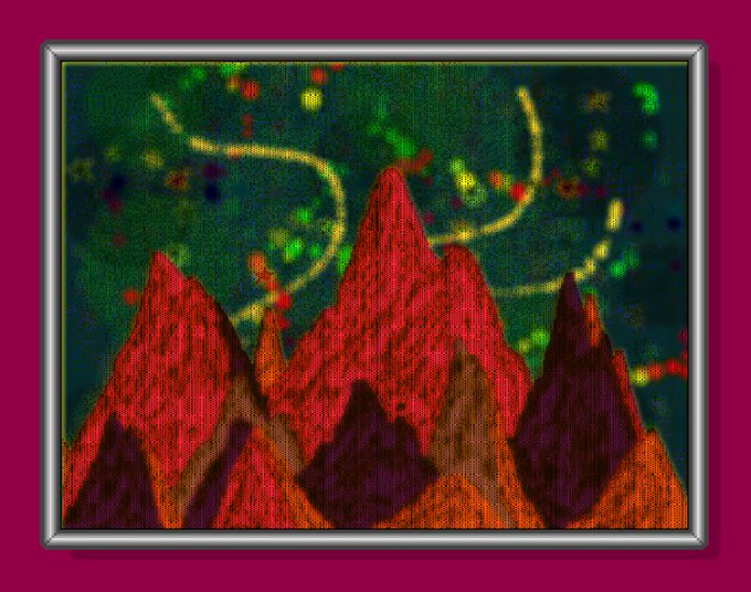 A framed surrealist painting depicting red and brown mountain peaks against a dark green background with colorful swirling lights resembling an abstract cosmic landscape.