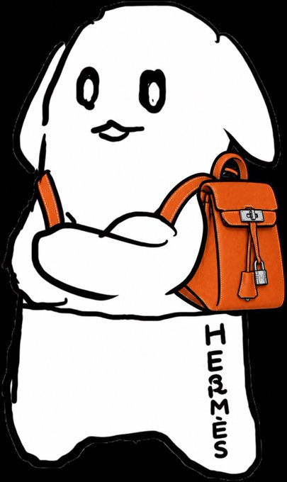A cartoon illustration of a white rabbit-like character with large eyes, wearing a Hermes-branded orange backpack, with the text 'HERMES.MJS' displayed on its body.