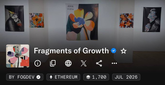 An NFT marketplace listing for an artwork titled 'Fragments of Growth' by 'FOGDEV' on Ethereum, priced at 1,700, with multiple colorful paintings displayed in a gallery setting.