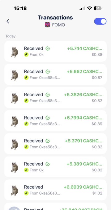 Smartphone screenshot of a 'Transactions' page for FOMO, listing multiple received CASHC transfers from '0x' and 'Oxea58e3...' addresses with small USD amounts.
