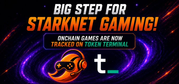 A promotional graphic reading 'BIG STEP FOR STARKNET GAMING! ONCHAIN GAMES ARE NOW TRACKED ON TOKEN TERMINAL' featuring a gaming controller-wielding flame logo and the Token Terminal 't' logo on a cosmic purple background.