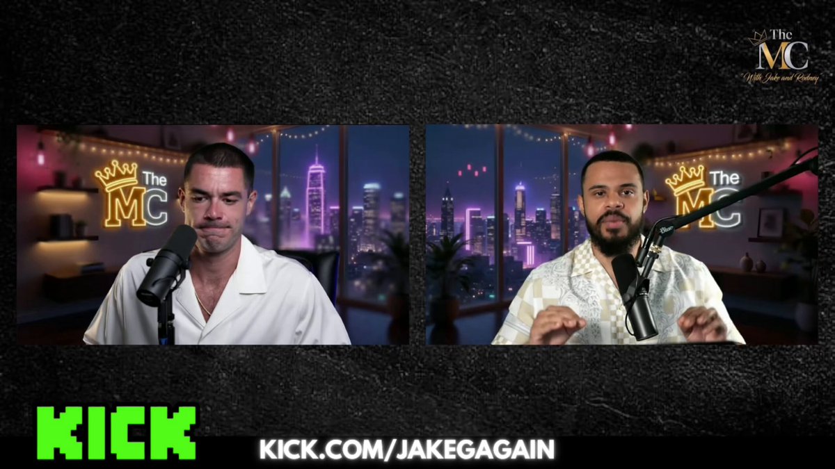 The image features two men sitting behind microphones, with one man wearing a white shirt and the other wearing a beige shirt. They are both talking into their microphones, likely discussing a meme or a popular internet trend. The background of the image is black, which contrasts with the white text that reads "kick", "the MC", and "JakeGain". These words appear to be related to the content being discussed by the two men on air.