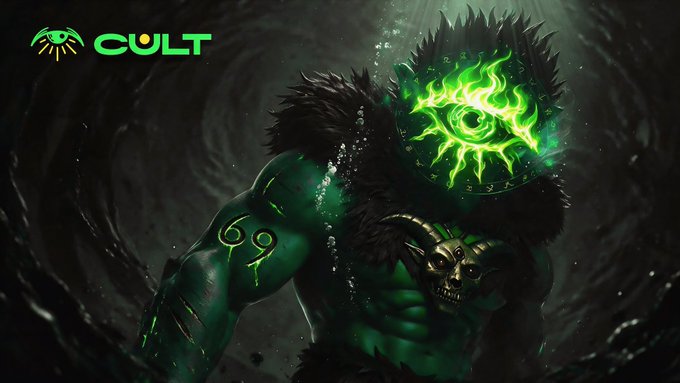 A green 'CULT' logo with an eye icon in the top-left corner of an image depicting a muscular green creature with a glowing green sun-like symbol on its head and skull markings on its chest.