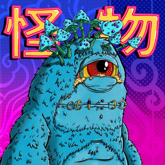 Colorful illustration of a blue furry cyclops monster with mushrooms growing from its head against a purple background with Japanese characters.