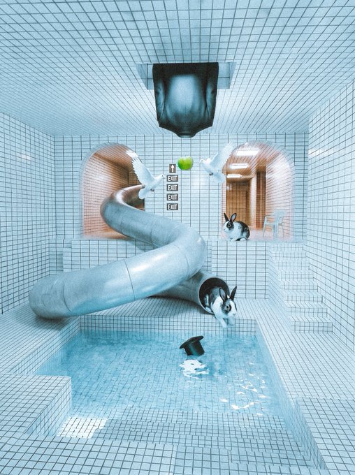 Surreal image of a tiled pool with a tube slide where rabbits emerge from the slide and pool, doves fly near exit signs, and a top hat floats on the water.
