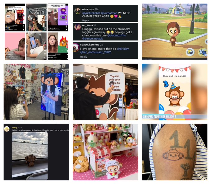 A collage of Chimpi NFT memes including tweets requesting 'CHIMPI STUFF ASAP', images of the monkey character in stores and games, plush toys, merchandise, and a 'CHIMPER, ARBRE DE BOUDIN' birthday-themed image.