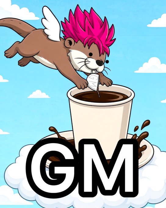 A cartoon illustration shows an otter with pink hair and white angel wings diving into a large cup of coffee, with the large letters 'GM' displayed below on clouds.