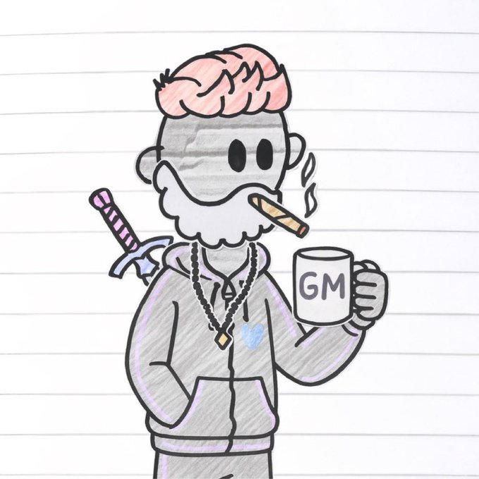 A cartoon-style illustration of a character with pink hair, a beard, a gold chain, and a sword on their back, holding a coffee mug labeled "GM" and smoking a cigar. The "GM" on the mug directly reinforces the post's "GM 𝕏" message, a common crypto/Twitter greeting meaning "Good Morning."