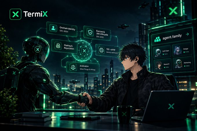 A futuristic TermiX promotional image showing an anime-style character shaking hands with a robot, displaying an 'agent.family' interface with characters labeled 'Build apps', 'Design', 'Research', and 'Marketing', alongside a feature diagram.