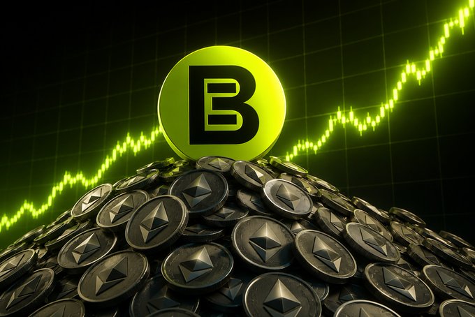 A pile of metallic cryptocurrency coins sits beneath a bright green coin displaying a black 'B', with a rising green line graph indicating growth on a dark grid background.