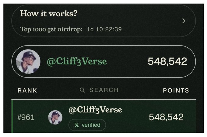 A leaderboard screen showing user @Cliff3Verse ranked #961 with 548,542 points, with a countdown for the top 1000 airdrop in 1 day, 10:22:39.
