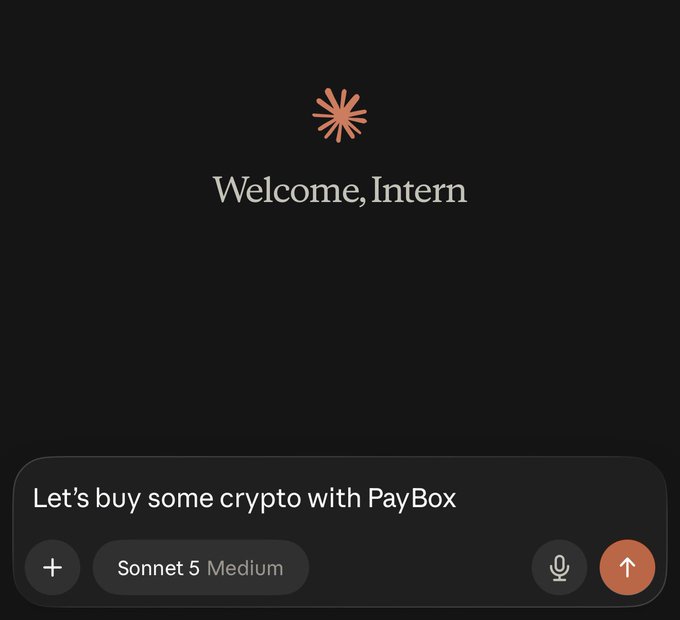 A dark interface displaying "Welcome, Intern" with an asterisk logo, and a chat input box reading "Let's buy some crypto with PayBox" using the Sonnet 5 Medium model.