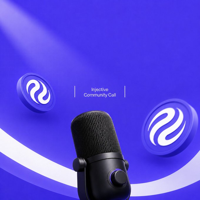 A promotional image for an 'Injective Community Call' featuring a black microphone in the foreground and floating Injective logo coins against a purple gradient background.