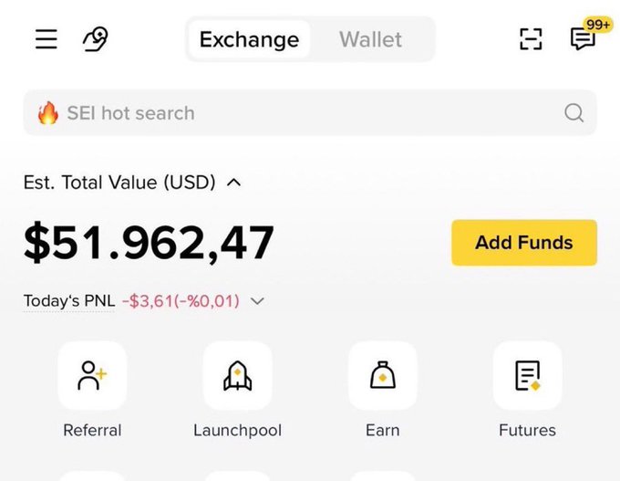 The image shows a Binance Wallet dashboard displaying an estimated total value of $51,962.47 USD with a small daily loss of -$3.61 (-0.01%), featuring navigation tabs for Exchange/Wallet and quick-access icons for Referral, Launchpool, Earn, and Futures. 

The image illustrates the poster's crypto portfolio holdings, providing visual proof of their trading success and credibility as they announce a $400 giveaway to their two followers.