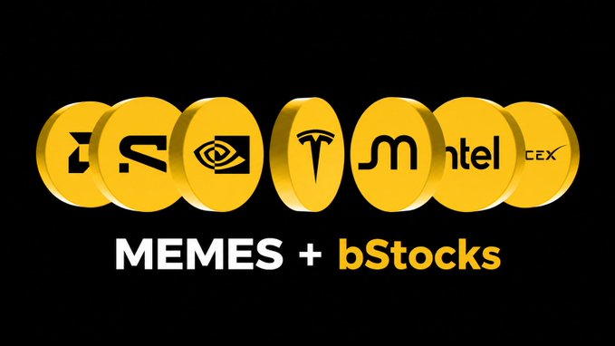 A promotional graphic featuring seven gold coins displaying logos of meme tokens (PEPE, DOGE, SHIB, FLOKI) and stock-related brands (TSLA, AMZN, INTC, CEX) arranged in a row, with the text "MEMES + bStocks" below. The image ties into the @BinanceWallet post by advertising the platform's combined offering of meme coins and tokenized stocks.