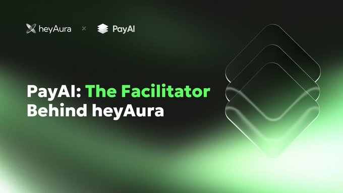 The image features a green background with white text that reads "Pay AI: The Facilitator Behind HeyAura". This suggests that there might be an advertisement or promotional material related to Pay AI, which could potentially be about a new payment system or service.