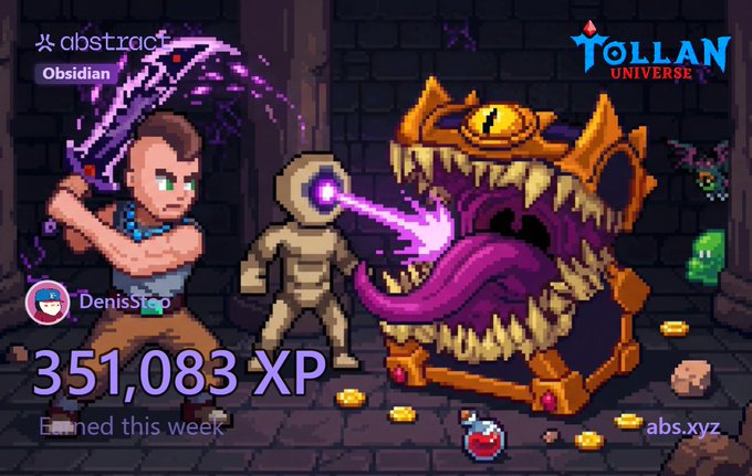 A pixel-art gaming graphic for 'Tollan Universe' by Abstract Obsidian showing a character battling a mimic chest monster, with '351,083 XP Earned this week' for user 'DenisStop'.